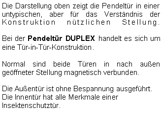 Textfeld: Die Darstellung oben zeigt die Pendeltür in einer untypischen, aber für das Verständnis der Konstruktion nützlichen Stellung.
Bei der Pendeltür DUPLEX handelt es sich um eine Tür-in-Tür-Konstruktion.
Normal sind beide Türen in nach außen geöffneter Stellung magnetisch verbunden.
Die Außentür ist ohne Bespannung ausgeführt.
Die Innentür hat alle Merkmale einer Insektenschutztür.